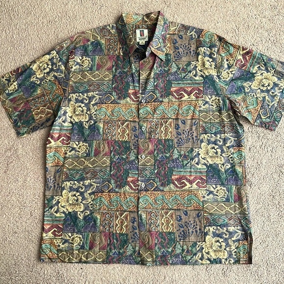 Tori Richard Honolulu Hawaiian Printed Short Sleeve Button Down Pint Brown Green - Picture 1 of 7